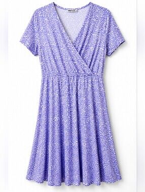 MSBASIC Lavender Floral Faux Wrap Dress Large Soft Stretch Midi Dress